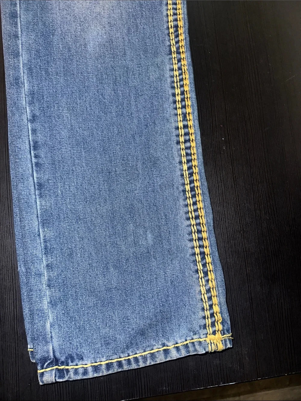 True Religion Men's Blue Jeans with Yellow Contrast Stitching
